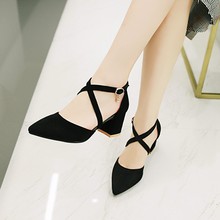 Big Size       High heels sandals women shoes woman summer ladies   Sharp-toed thick-heeled cross-strap buckle shoes 2024 - buy cheap