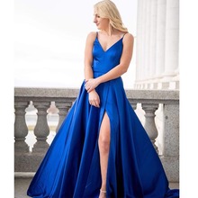 Vestido largo De satén con tirantes finos para mujer, traje Sexy De Fiesta De graduación con abertura frontal, color azul real 2024 - compra barato