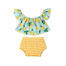 Conjunto de ropa para niños de 1 a 6 años, con estampado de limón, hombros descubiertos, Top, pantalones cortos, conjunto de verano 2024 - compra barato