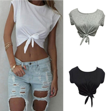 Summer Knotted Tie Front Crop Tops Women Cropped T Shirt Casual Tanks Camis Casual O Neck Short Sleeve Solid Tees 2024 - buy cheap