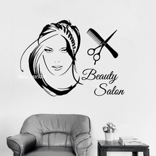 New Beauty Salon Logo Girl Wall Decals Vinyl Home Decor Art Stickers Woman with Stylish Hair Scissors Haircut Hair Mural LC1080 2024 - buy cheap