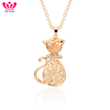 Hollow Crystal Cute Cat Pendant Necklaces Gold Silver Color Animal Necklace For Women Girls Long Chains Jewelry New Fashion 2020 2024 - buy cheap