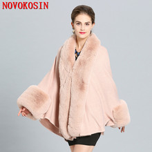 2018 Solid Poncho Long Faux Fox Fur Neck Coat Women Long Loose Cardigan Winter Warm Thick Outwear Batwing Sleeves Big Cloak 2024 - buy cheap