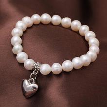 Pulsera de perlas de boda, brazalete de perlas de agua dulce genuinas de 8-9mm, color blanco Natural, accesorio de corazón de amor para chica y flor 2024 - compra barato