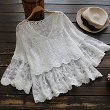 Spring Summer Mori Girl Lace Shirt Women's Perspective White Floral Embroidered V Neck Casual Loose Female Vestido Shirts U149 2024 - buy cheap