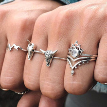 4 Pcs/Set National Wind Female Rings Mountain Carving Cow Head Crown Crystal Joint Silver Color Ring Set Boho Lady Party Jewelry 2024 - buy cheap