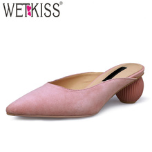 WETKISS Kid Suede Slippers Women Square Toe Footwear Unusual Heels High Slides Shoes Woman Spring Female Mules Shoes Woman Blue 2024 - buy cheap