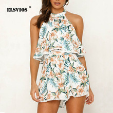 ELSVIOS 2019 Summer Backless Floral Print Beach Romper Playsuit Women Sexy Off Shoulder Halter Boho Jumpsuit Ladies New Overalls 2024 - buy cheap