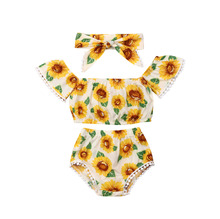 Cute Toddler Baby Girl Summer 3pcs Clothes Sets Short Sleeve Off Shoulder Sunflowers Print T-Shirts Tops+Shorts+Headband 2024 - buy cheap