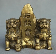 Folklórico de China ZhenZhai cobre latón 2 protector Fu Foo perro León estatua Shi Guan Dang 2024 - compra barato