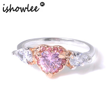 ISHOWLEE, anillos de plata de circonita con corazón de princesa para mujer, amor, compromiso, boda, anillos de cristal rosa, joyería de lujo jzb87 2024 - compra barato