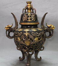 xd 002513 12" Marked China Purple Bronze 24K Gold Pure Silver Dragon Incense Burner Censer 2024 - buy cheap