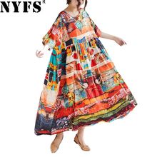 NYFS 2020 новое летнее платье свободное хлопковое льняное винтажное Стильное женское длинное платье с принтом Vestidos Robe Elbise 2024 - купить недорого