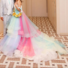 Colorful Rainbow Long Skirt Chic Ombre Wedding Skirt Custom Made Tiered Ruffles Prom Party Skirt Sweep Train Engagement Photo 2024 - buy cheap