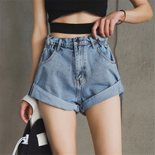 2019 verão do vintage cintura alta elástica denim shorts feminino estilo coreano casual friso jeans shorts feminino azul calças curtas 2024 - compre barato