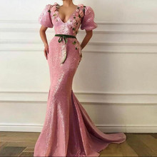 New Arrival Pink 3D Flower Mermaid Prom Pageant Dresses 2019 Robe de soiree Elegant Short Sleeve Party Gowns Long Abendkleider 2024 - buy cheap