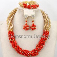Conjunto de joyería de cristal africano, collar nupcial nigeriano, cuentas de Coral doradas, última moda, envío gratis, WB371 2024 - compra barato
