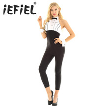 Women Ladies Formal Leotard Ruffle Chest Decorated a Bow Tie Sleeveless Tuxedo Leotard Jumpsuit Romper Trousers with Wrist Cuffs 2024 - buy cheap