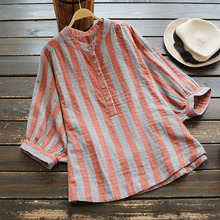 Blusa informal de algodón y lino con media manga para mujer, camisa femenina de talla grande con cuello alto y rayas, estilo japonés, Otoño, 3188 2024 - compra barato