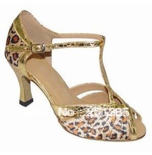 Leopard Satin and Gold Trim T-Strap Ballroom Dance Shoes LATIN Dance Shoes Salsa Shoes 2024 - buy cheap