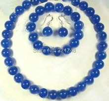 New fashion free shipping 10mm Blue jades chalcedony stone Round beads Necklace(20") bracelet(8.5") Earring jewelry set BV166 2024 - compre barato