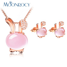 MOONROCY Drop Shipping Rose Gold Color Cute Rubbit Crystal Ross Quartz Pink Opal Necklace and Earrings Jewelry Set for Women 2024 - buy cheap