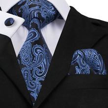 SN-981 Azul Preto Paisley Tie Hanky Abotoaduras Define 100% Gravatas De Seda dos homens para homens Casamento Formal Do Partido Do Noivo 2024 - compre barato