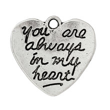 Doreenbeads амулет кулоны в форме сердца серебряный цвет сообщение "Вы всегда в моем сердце" резной 21,0 мм (7/8 ") x 20,0 мм (6/8"), 50 шт. 2024 - купить недорого