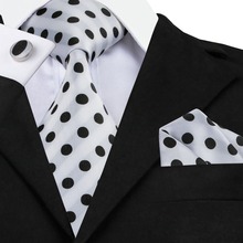 Gravata com pontos preto e branco, com lenços e abotoaduras, gravatas masculinas de seda 100%, para homens, festa de casamento formal, noivado 2024 - compre barato