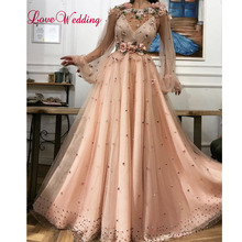 Iloveboda-Vestidos largos de noche con perlas bordadas, cuello redondo, hecho A medida, manga larga, rosa, estilo árabe 2024 - compra barato