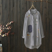 New style spring and Autumn women tops long blouse cotton linen shirt embroidered Snowman loose stripe camisa 2024 - buy cheap