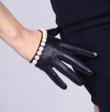 Women'a natural sheepskin leather solid black driving glove lady's fashion pearl beaded genuine leather motorcycle glove R618 2024 - buy cheap