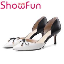 Showfun genuine leather shoes woman office&career fashion D'Orsay&Two-Piece butterfly-knot slip-on thin heels pumps 2024 - buy cheap