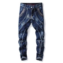 Newsosoo Fashion Men's Pleated Jeans  With Patchwork Biker Trousers Punk Style Slim Fit Casual Jeans Pants For Male 2024 - buy cheap