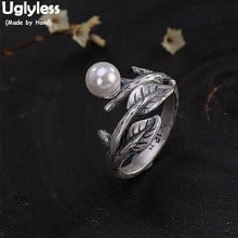 Uglyless 100% Real Solid 990 Full Silver Handmade Leaves Open Rings for Women Thai Silver Finger Ring Pearls Bijoux Fine Jewelry 2024 - buy cheap