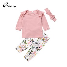 Cathery Fashion Floral Toddler Kids Baby Girl Ruffle Tops Floral Pants Leggings 3Pcs Outfit Autumn Clothes 2024 - buy cheap