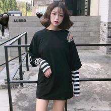 Fake Two Pieces Tees Long Sleeve 2019 Spring T-Shirts Women Harajuku Striped Sleeve Patchwork Femme Streetwear Out Fashion 2024 - buy cheap