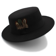 Sombrero de fieltro plano para Mujer, Sombrero elegante de lana, Boater de Pie de cerdo, Sombrero con sombreros con pluma, invierno y otoño 2024 - compra barato