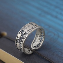 Anillo de loto plateado de Ley 925 para mujer, 100% hueca Original S925, anillos abiertos Vintage de plata tailandesa para mujer, bisutería fina, regalos de cumpleaños 2024 - compra barato