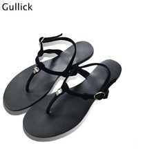 Sandálias rasteirinhas de couro preto brilhante, mais novas sandálias de praia de cristal brilhante, sapatos casuais de alça elegante para mulheres, verão, 2018 2024 - compre barato