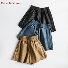 Winter Women Harajuku Genuine Leather Elastic  High Waist Large Pocket Wide Leg Shorts Casual Mujer Sexy Booty Short Yellow/Blue 2024 - buy cheap