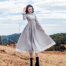 Preppy Style Stand Collar Slim Dress Long Sleeve Art Elegant Splicing Mid-length Fairy Fashion Party Dresses 2024 - buy cheap