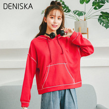 DENISKA New Korean Institute Wind Hit Color Women Hoodies Spring Autumn Long Sleeve Loose Pullovers Woman Casual Red Swe 2024 - buy cheap