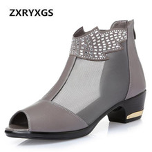 Hot 2022 New Spring Rhinestone Mesh Women Boots Large Size Genuine Leather Shoes Women Sandals Non-slip Breathable Fashion Boots 2024 - buy cheap