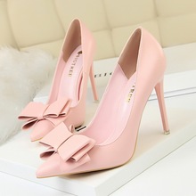 Woman basic High Heels Wedding Shoes Bow PU shallow Pointed Toe Classic Thin Heels 10.5cm Women Pumps 2024 - buy cheap