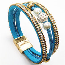 Pulseira de couro feminina, pérola azul roxo multicamadas declaração tendência braceletes de couro da moda para mulheres joias geométricas 2024 - compre barato