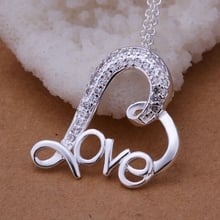 fine silver plated pendant 925-sterling-silver jewelry rhinestone "love" pendants necklace for women men +chain SP313 2024 - buy cheap