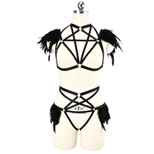 Conjunto de chicote de penas harajuku, pentagrama preto, sutiã punk, calcinha inferior, bondage para festival, lingerie, bodysuit 2024 - compre barato