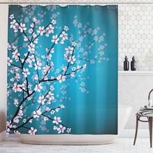 Teal Shower Curtain Pink Blossoms Decor by Leaves and Plants Ombre Spring Japanese Sakura Flowers in Garden Park 2024 - buy cheap