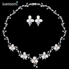 LUOTEEMI Luxury Freshwater Pearl Bridal Flower Clear CZ Crystal Necklace Earrings Set For Women Anniversary Jewelry 2024 - buy cheap